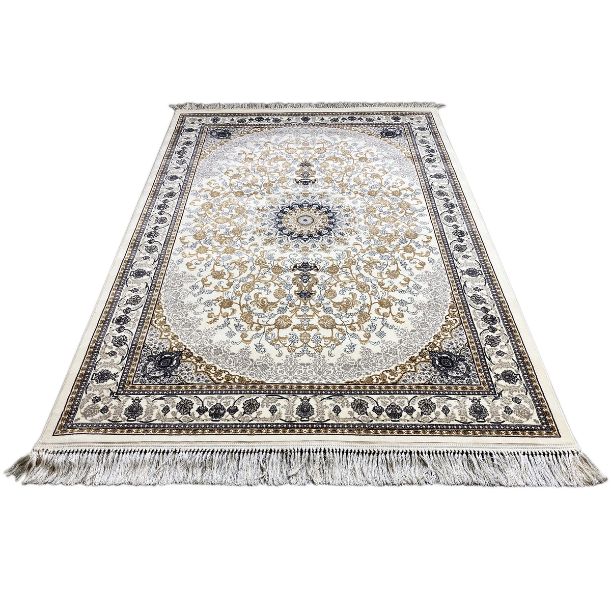 Oriental rug with medallion patterns, cream/gold, dark blue decorative border, fringes