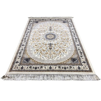 Oriental rug with medallion patterns, cream/gold, dark blue decorative border, fringes