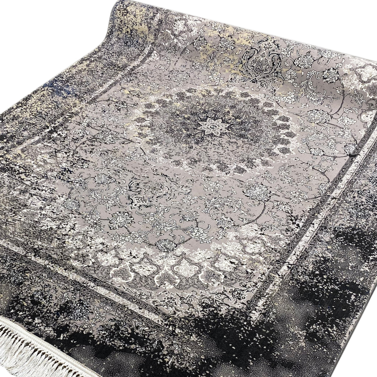 Detailed view of vintage rug: gray ornamental pattern with decorative border and outlined frame lines