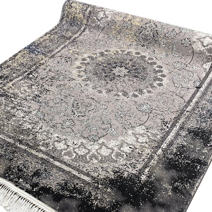 Detailed view of vintage rug: gray ornamental pattern with decorative border and outlined frame lines