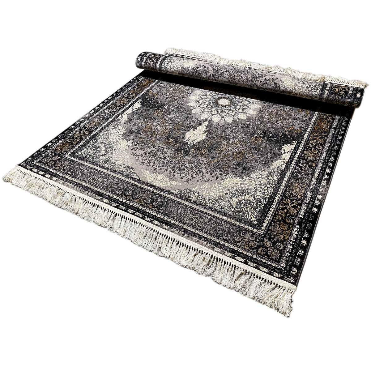 Vienna Oriental carpet lying flat, gray ornamental field, dark border, fringes