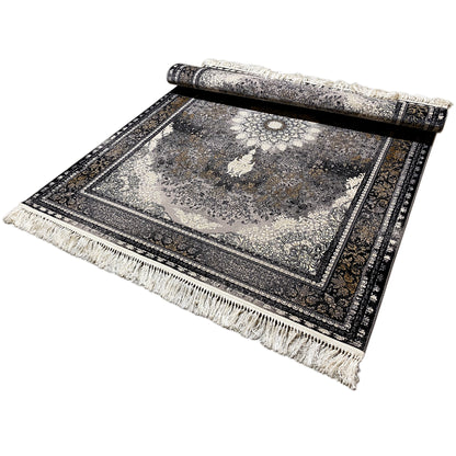 Vienna Oriental carpet lying flat, gray ornamental field, dark border, fringes