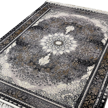 Vienna oriental rug close-up: dark patterned field with decorative border