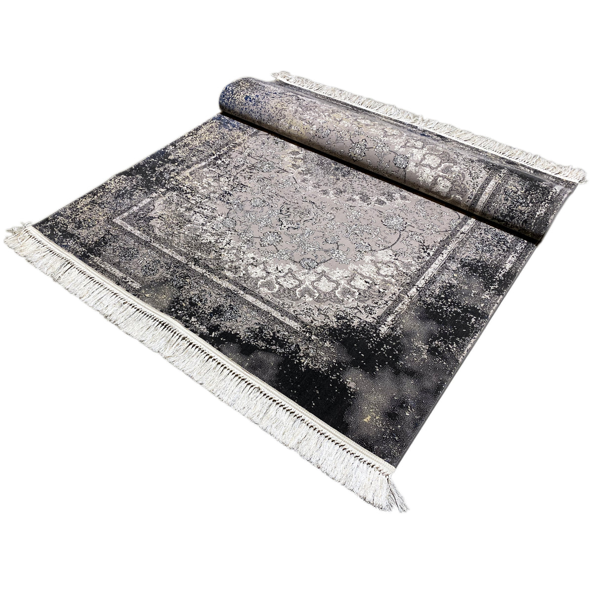Vintage gray rug with a bordered frame, muted sheen, and fringes