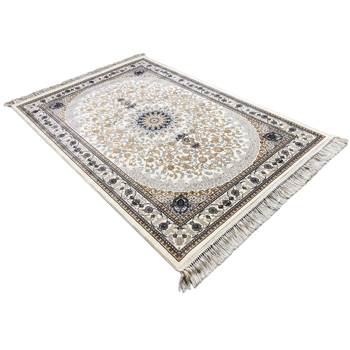 Oriental rug with medallion patterns, cream, golden lines, dark blue, fringes