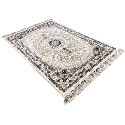 Oriental rug with medallion patterns, cream, golden lines, dark blue, fringes