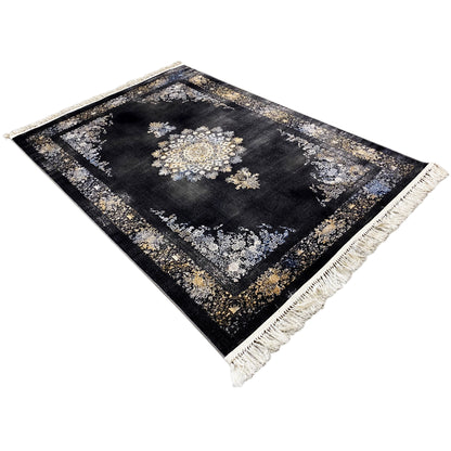 Dark fabric rug with gold and silver geode designs, fringes