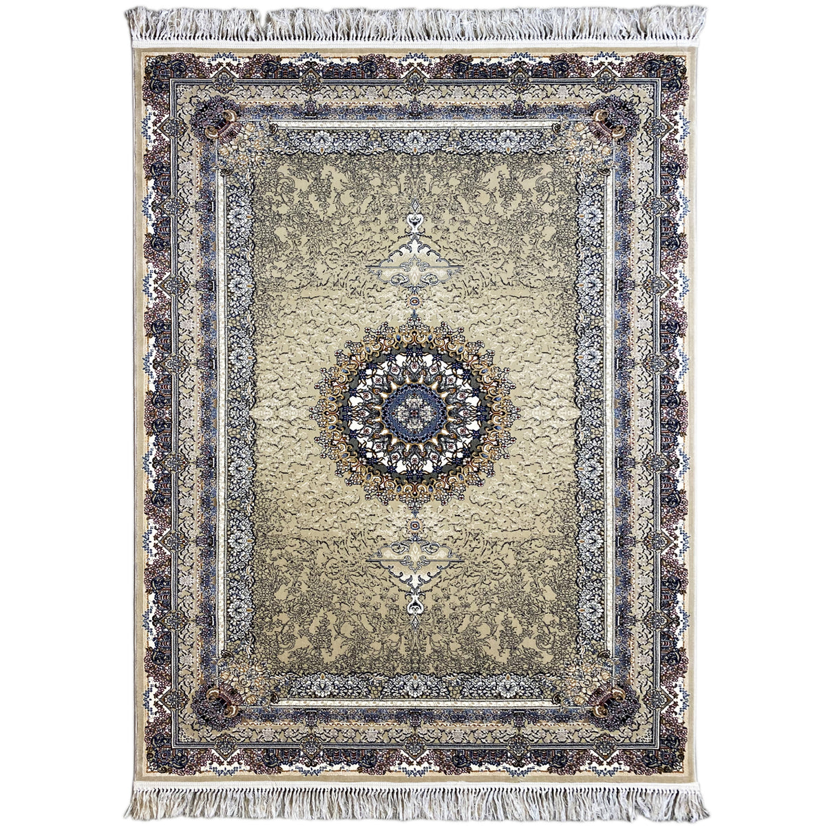 Medallion rug 160x230 with a beige background, blue ornamental border and fringes