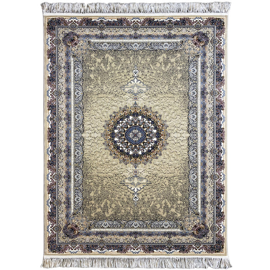 Medallion rug 160x230 with a beige background, blue ornamental border and fringes