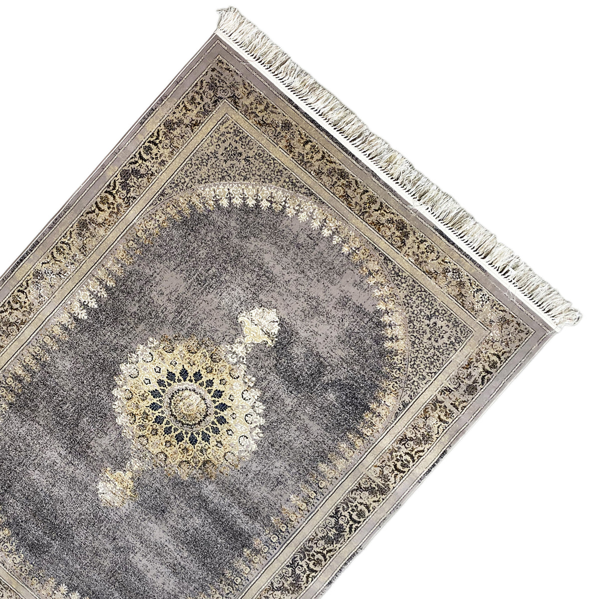 Rug with a medallion pattern, gray mottled design, golden decorative borders, and fringe along the edge