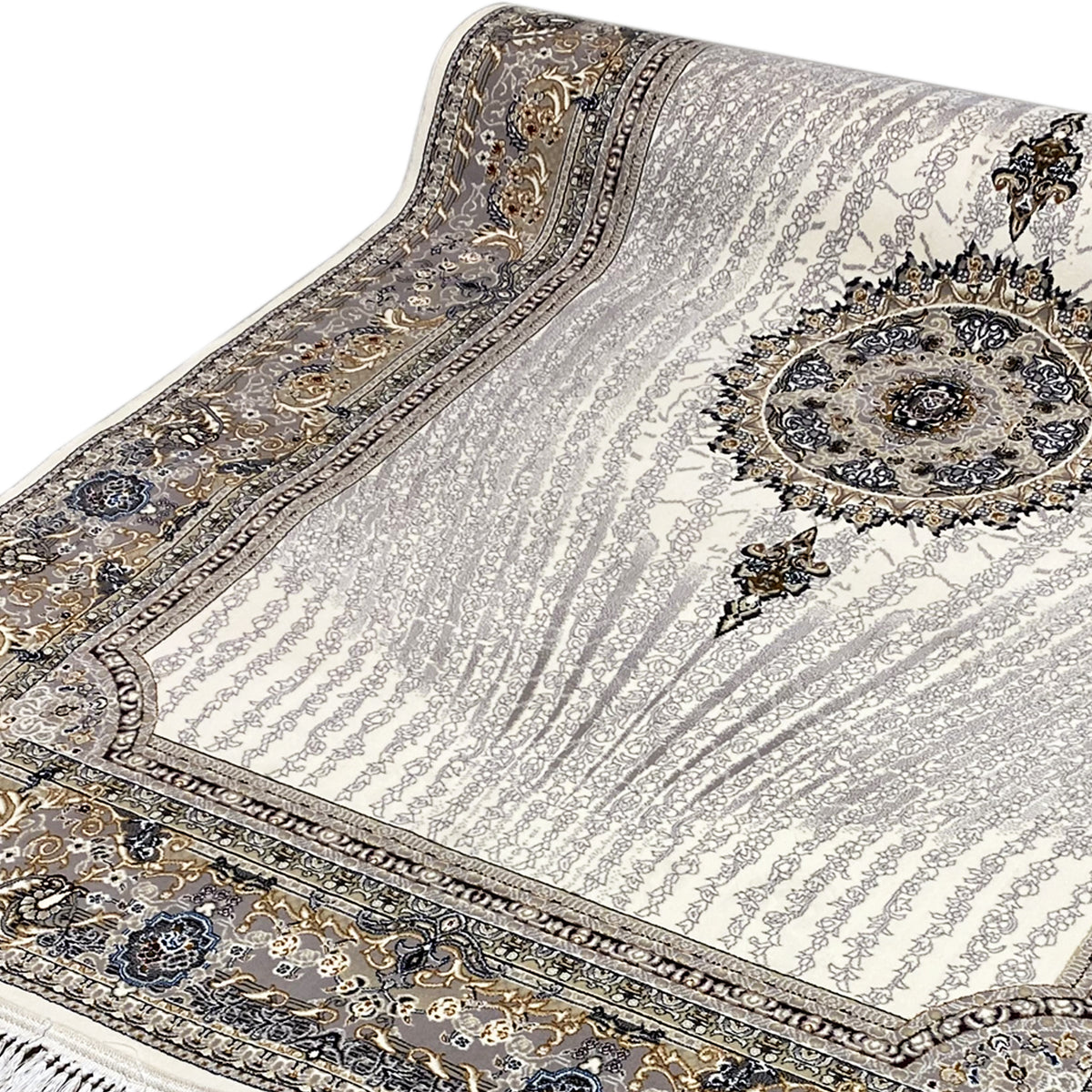 Carpet Elara 160x230 close-up: cream-colored pile with a medallion and blue-gold lines