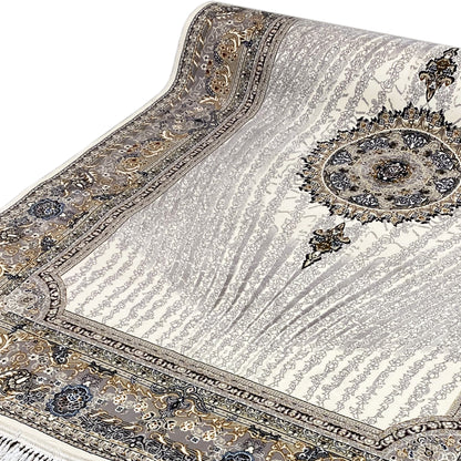 Carpet Elara 160x230 close-up: cream-colored pile with a medallion and blue-gold lines