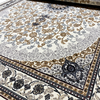 Oriental rug with intricate ornaments, cream, gold and dark blue, decorative border