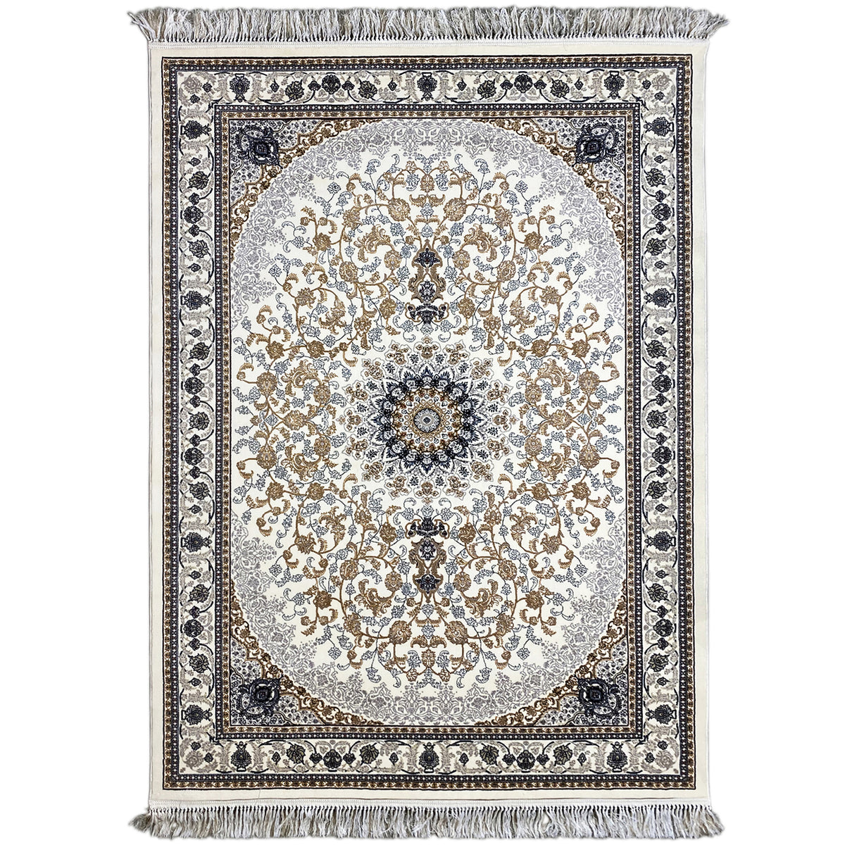 Leyla Oriental rug with an oval medallion, floral ornaments, dark blue border and fringe