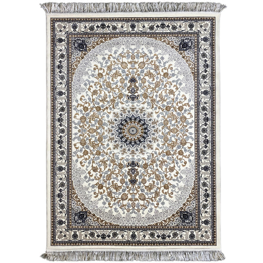 Leyla Oriental rug with an oval medallion, floral ornaments, dark blue border and fringe