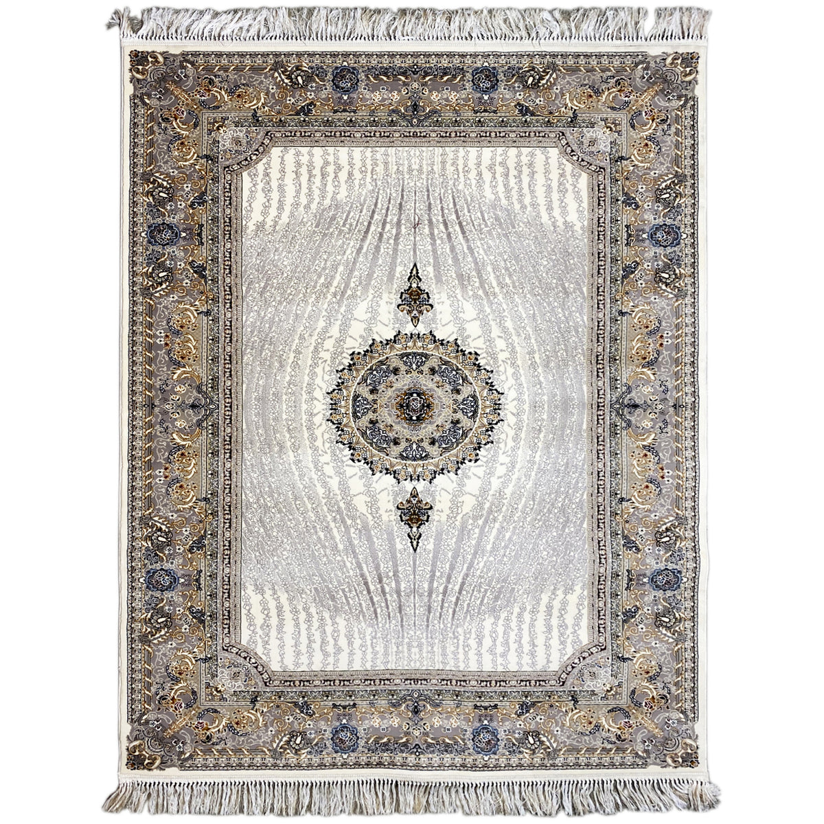 Sample rug Elara 160x230 with a silver field, blue and gold ornamental border, and fringes