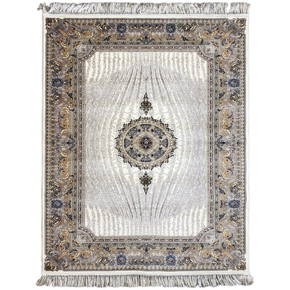 Sample rug Elara 160x230 with a silver field, blue and gold ornamental border, and fringes