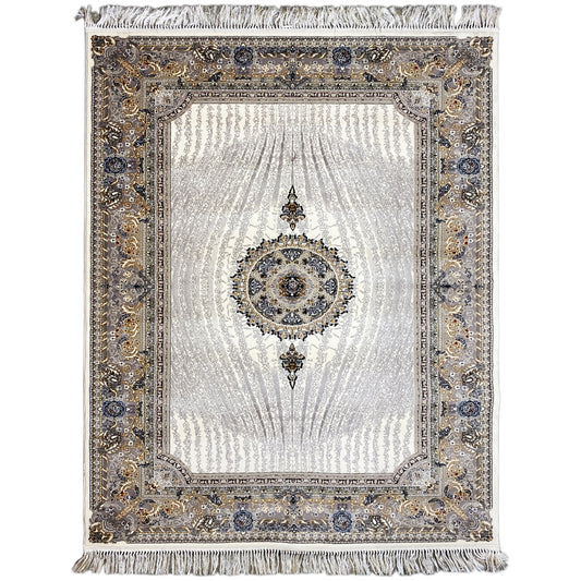Sample rug Elara 160x230 with a silver field, blue and gold ornamental border, and fringes