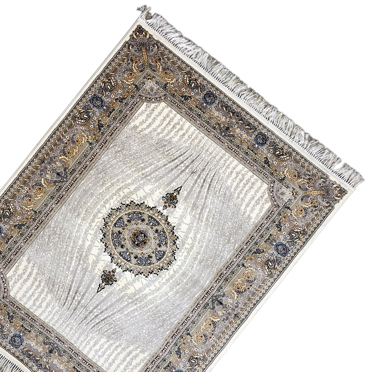 Sample rug Elara 160x230 diagonal: silver central area with ornamental border, fringes