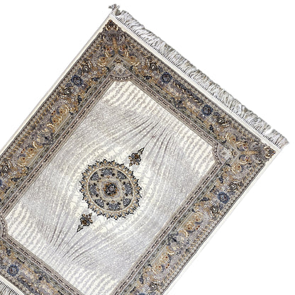 Sample rug Elara 160x230 diagonal: silver central area with ornamental border, fringes