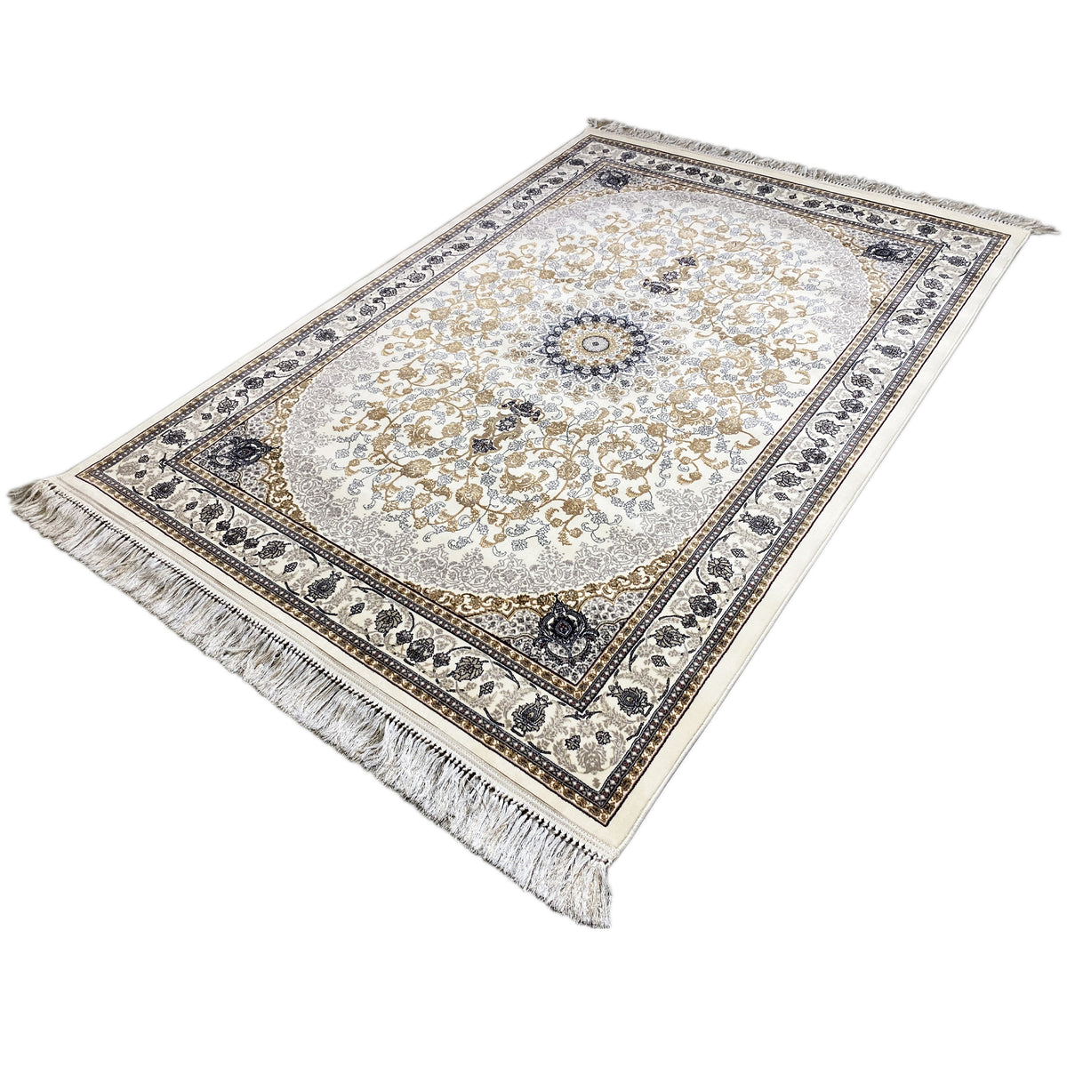 Leyla flat-weave oriental rug, cream-colored pile with medallion, border, and fringes