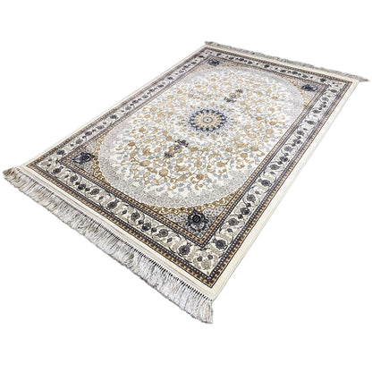 Leyla flat-weave oriental rug, cream-colored pile with medallion, border, and fringes