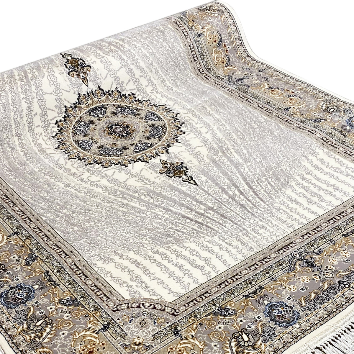 Sample rug Elara 160x230 close-up: silver pile with medallion, decorative border