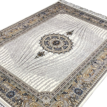 Sample rug Elara 160x230 front view: silver design with medallion and decorative border