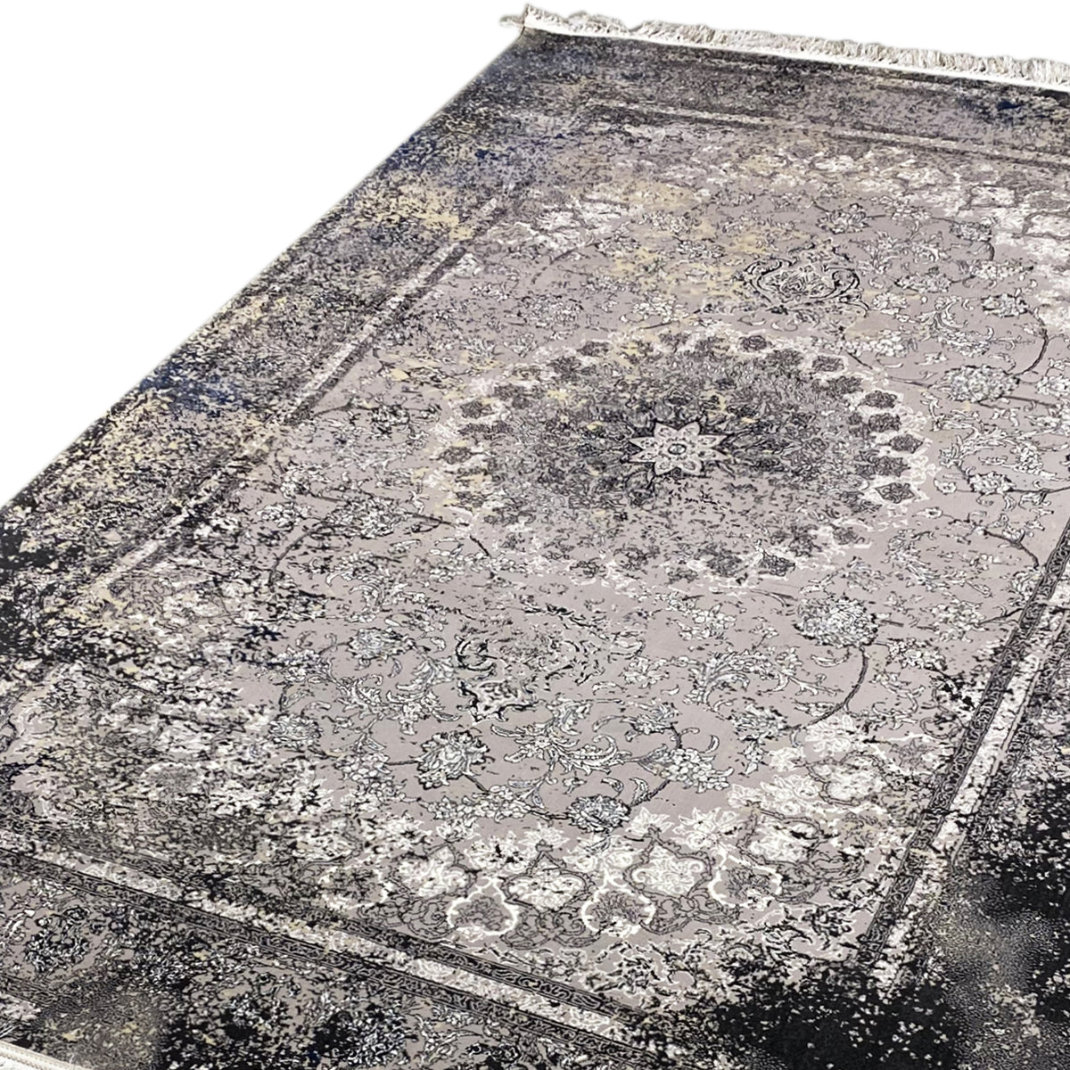 Vintage rug in gray with a large ornamental medallion, floral patterns, and contrasting border