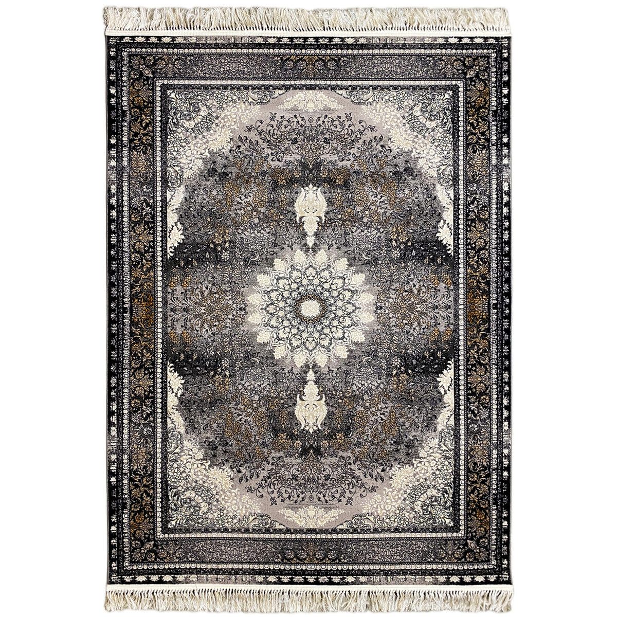 Rug 160x230 cm with an ornamental medallion design, dark border, and fringes