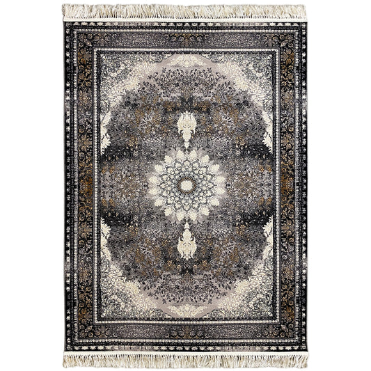 Rug 160x230 cm with an ornamental medallion design, dark border, and fringes