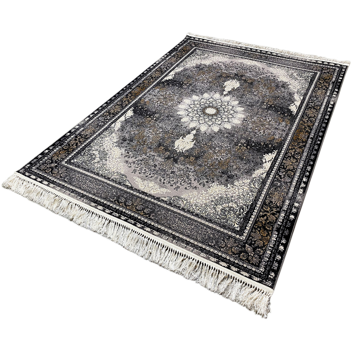 Rug 160x230 cm, flat-woven, dark ornamental border, light medallions, fringes