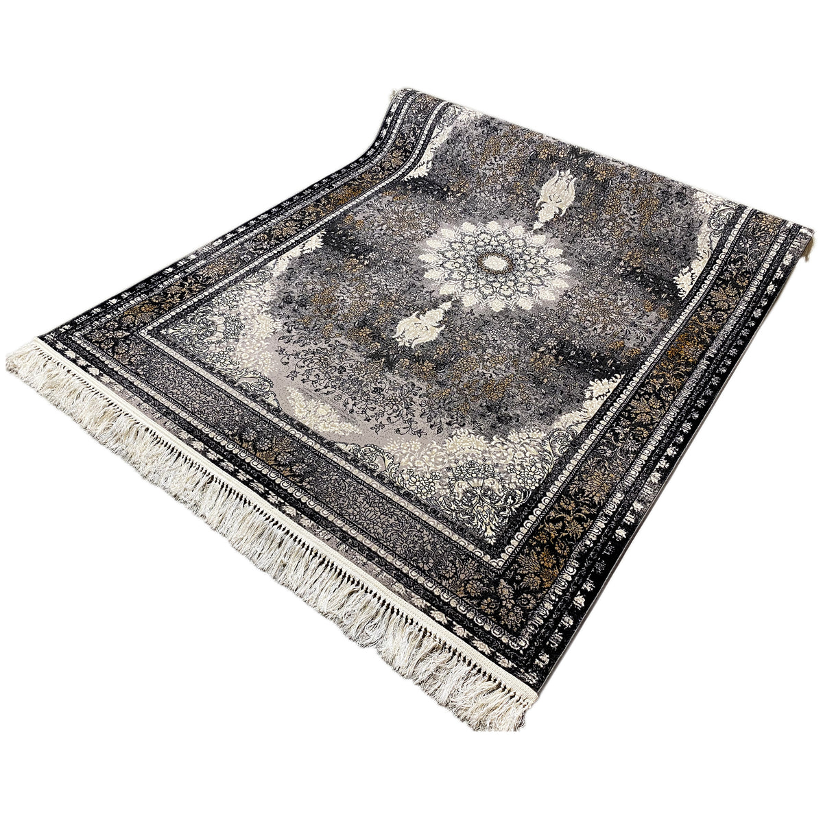 Rug 160x230 cm with a classic pattern, gray-black-beige tones, fringes along the edges