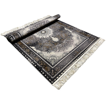 Rug 160x230 cm, rotated view: dark decorative stripe, light ornaments, fringe