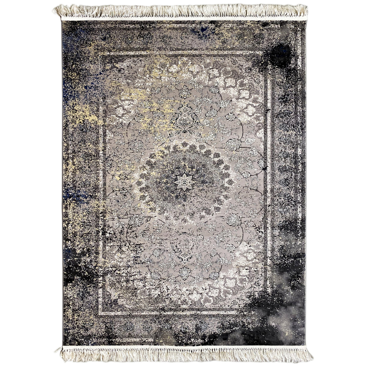 Vintage rug in gray with an ornamental pattern, border, and fringe
