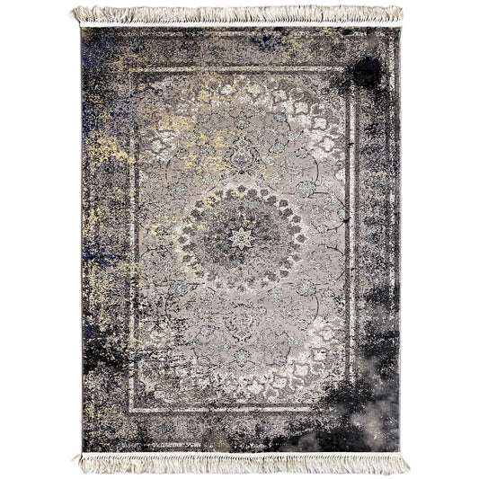 Vintage rug in gray with an ornamental pattern, border, and fringe