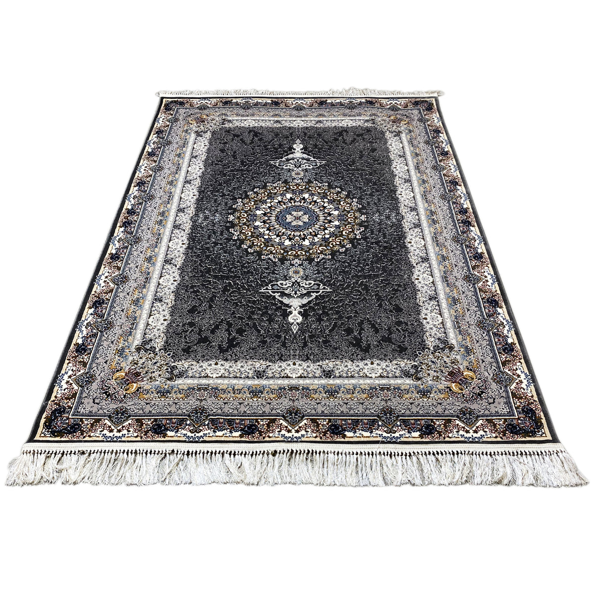 Black oriental rug with floral border, central medallion, and fringes