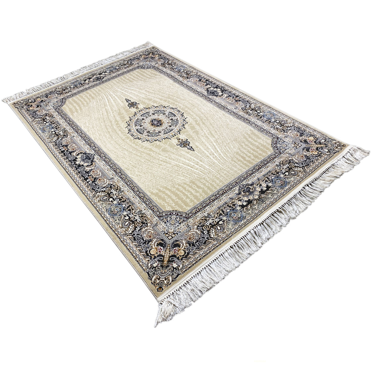 Rectangular 160x230 cm rug: beige base, ornamental border area, and fringes at the corners