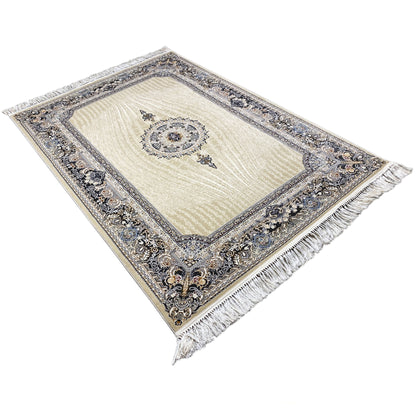 Rectangular 160x230 cm rug: beige base, ornamental border area, and fringes at the corners