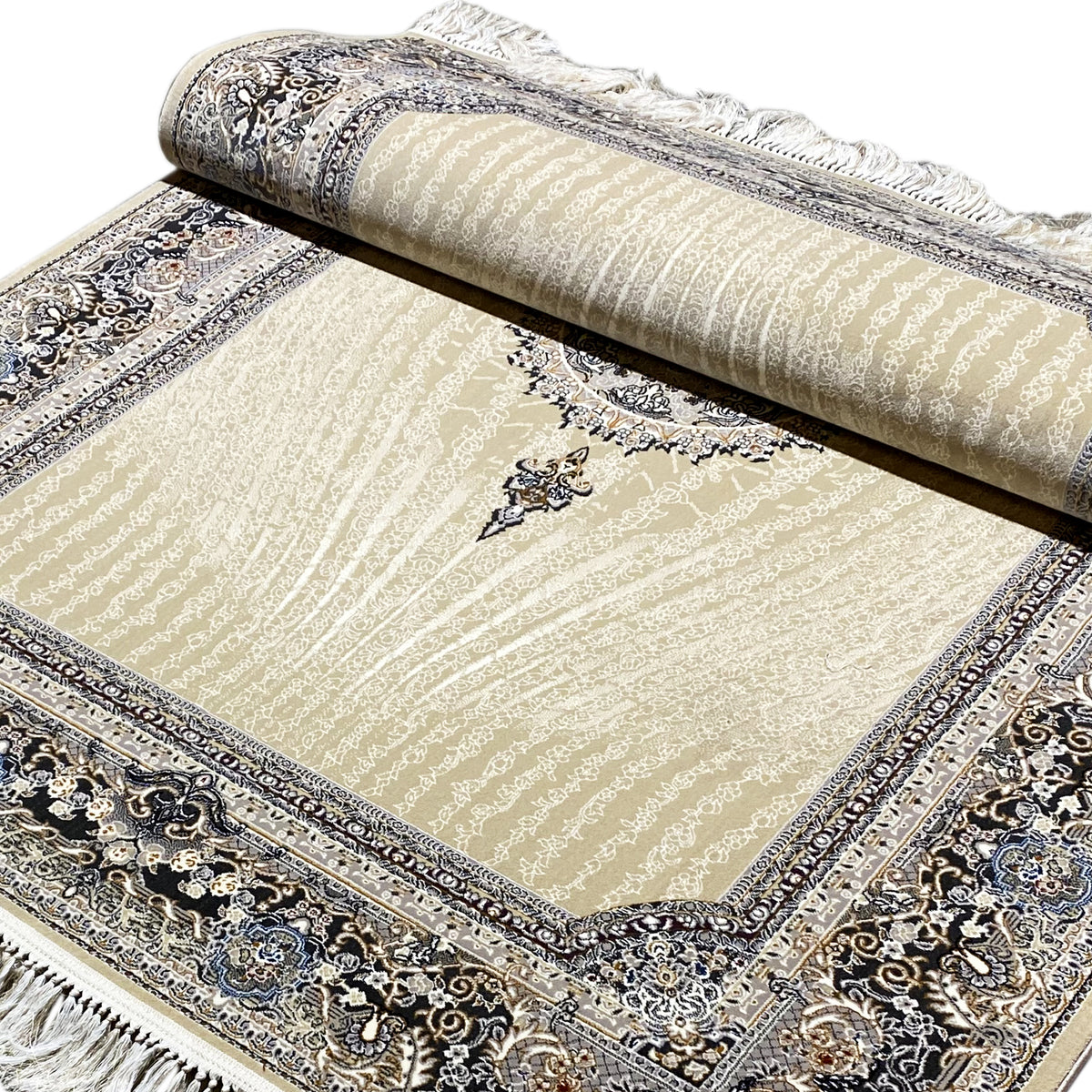 Rug 160x230 cm when rolled: beige design with a dark border and fringes