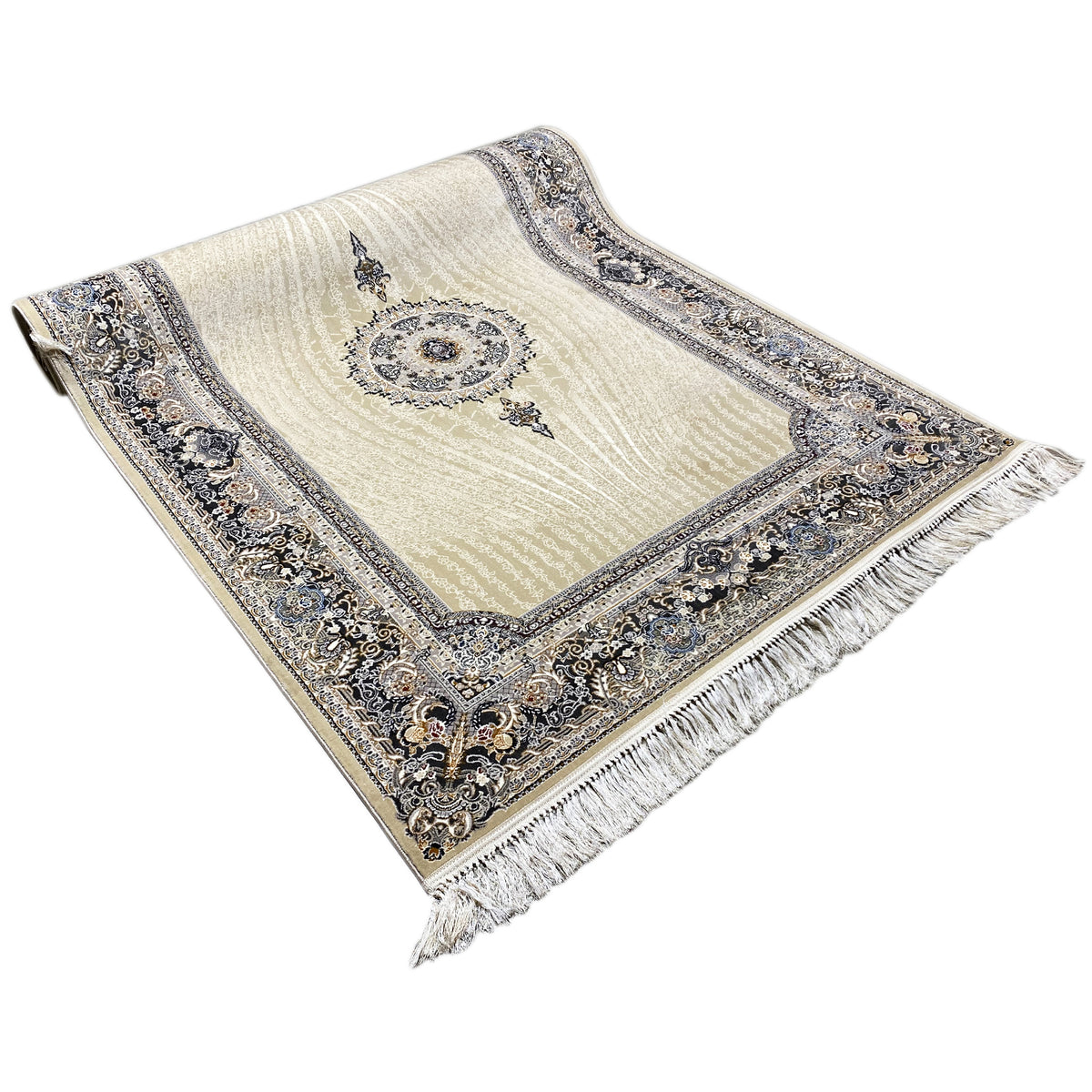 Rug 160x230 cm with a beige medallion in the center, dark blue border and tassels