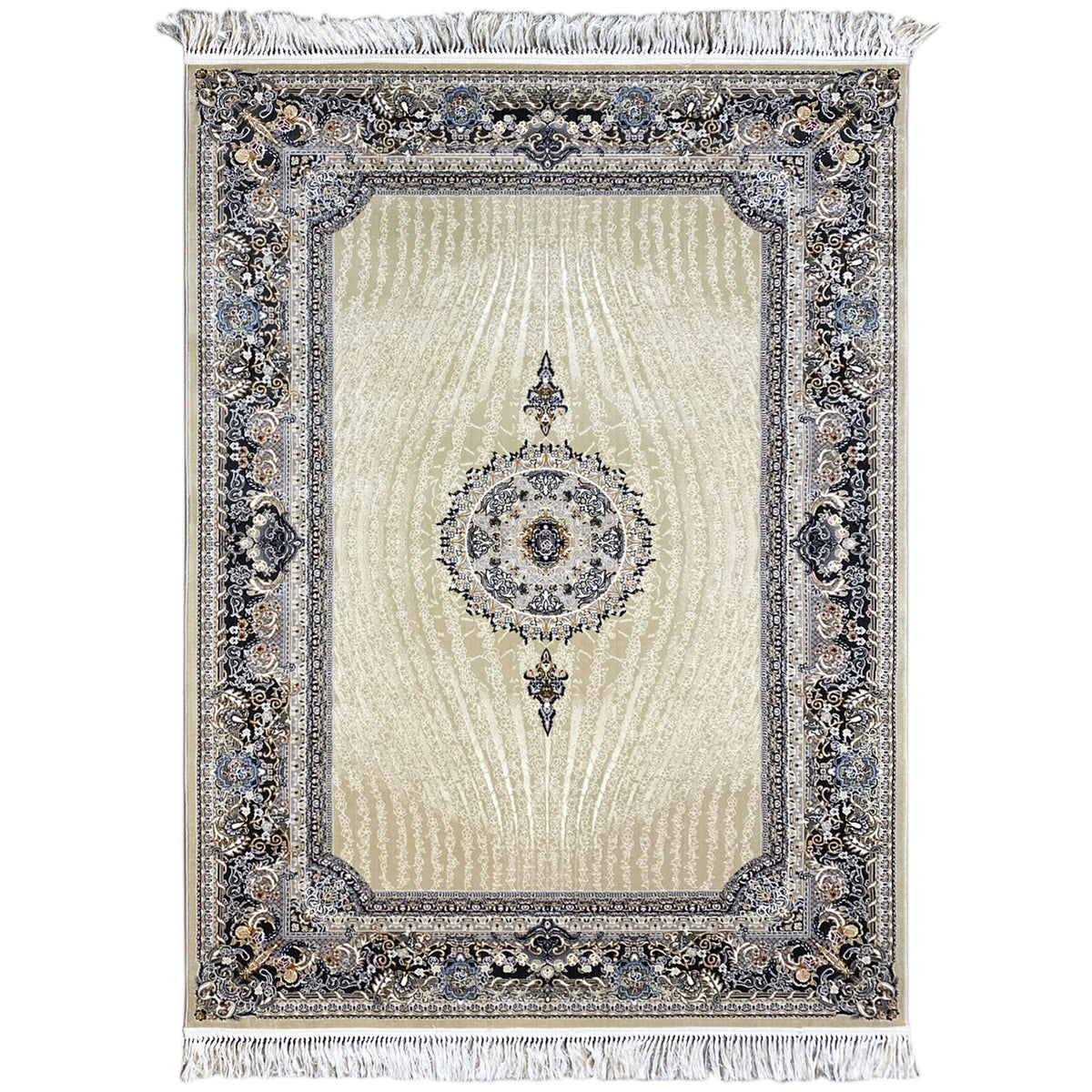 Woven rug with a cream-colored pattern and a blue-silver border frame