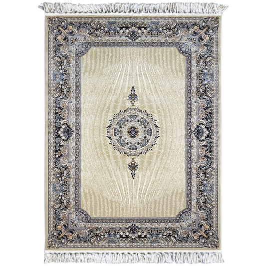 Woven rug with a cream-colored pattern and a blue-silver border frame