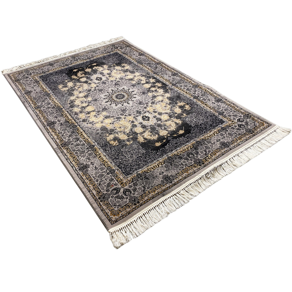 Rug with a square-style border, dark blue background, and beige ornaments, fringes