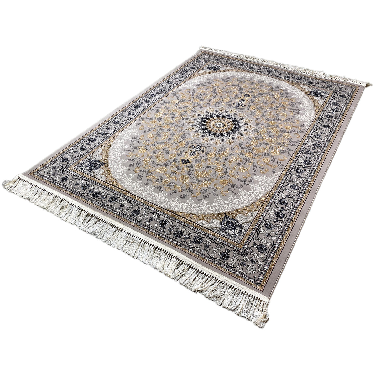 Medallion rug 160x230 cm: gray background, golden ornaments, dark blue border