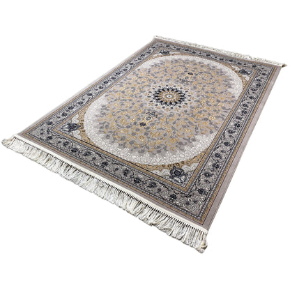 Medallion rug 160x230 cm: gray background, golden ornaments, dark blue border