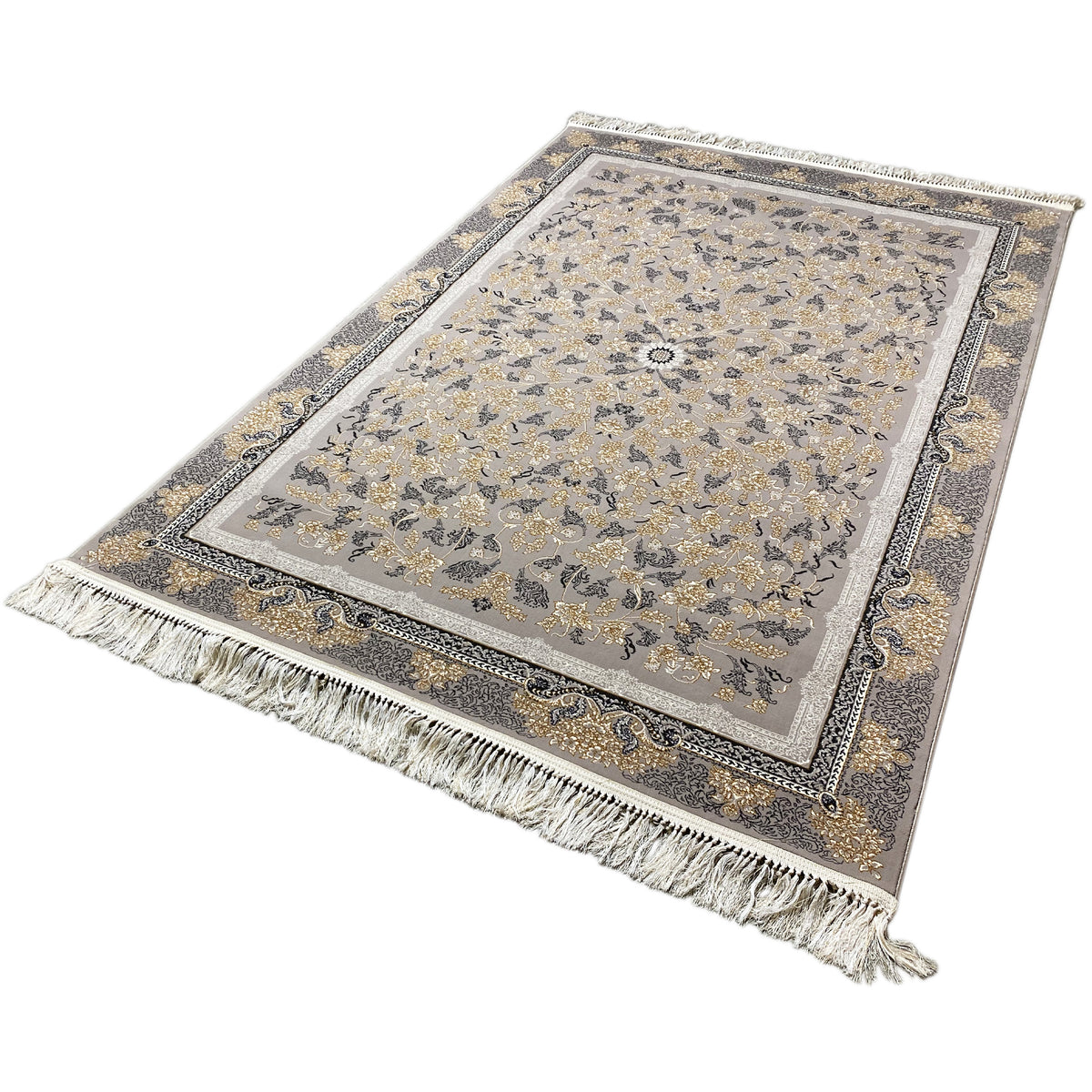 Medallion rug with central floral medallion, gray-beige, border and fringes