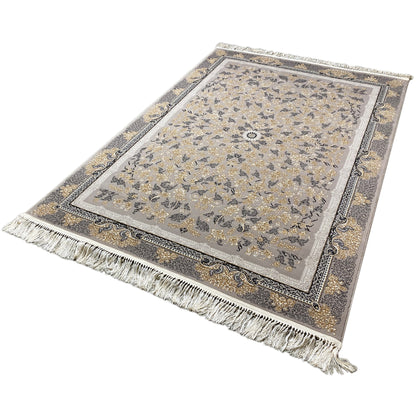 Medallion rug with central floral medallion, gray-beige, border and fringes