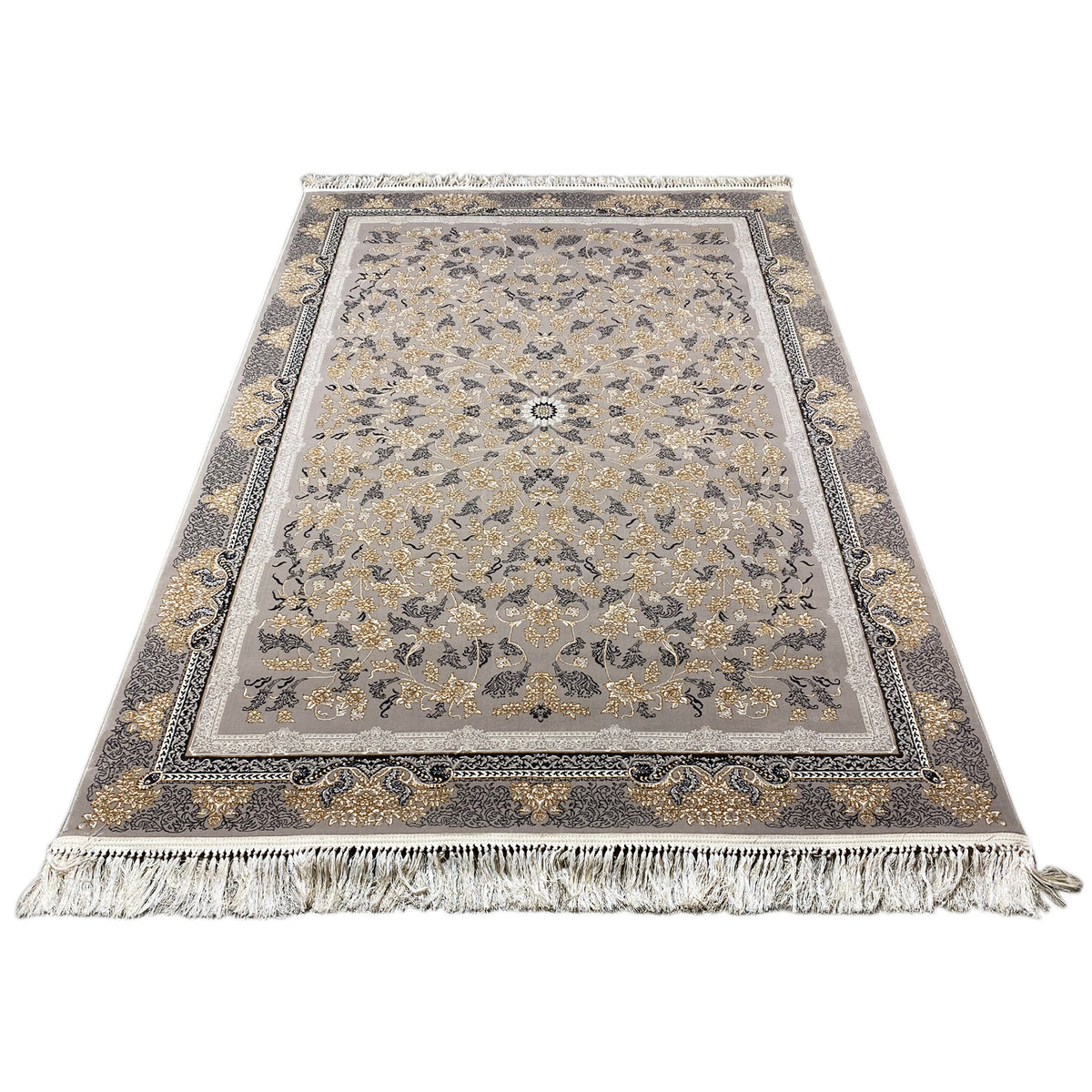 Rectangular gray-beige medallion rug with border and fringes