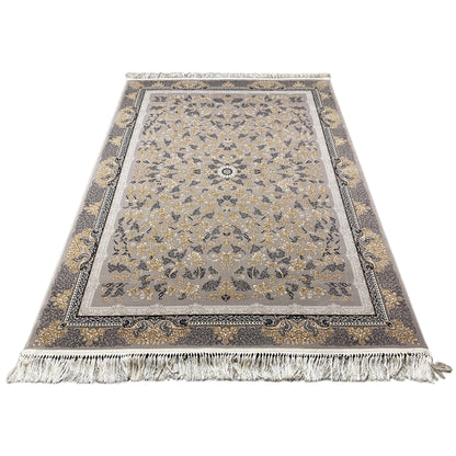 Rectangular gray-beige medallion rug with border and fringes